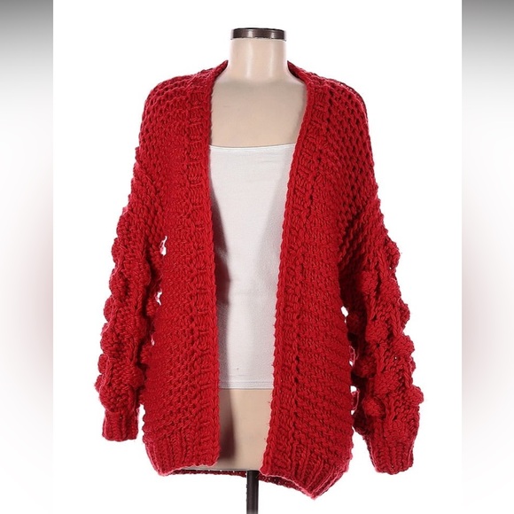 Nasty Gal Red Pom Pom Red Chunky Knit Open Front Cardigan Medium - Picture 3 of 8